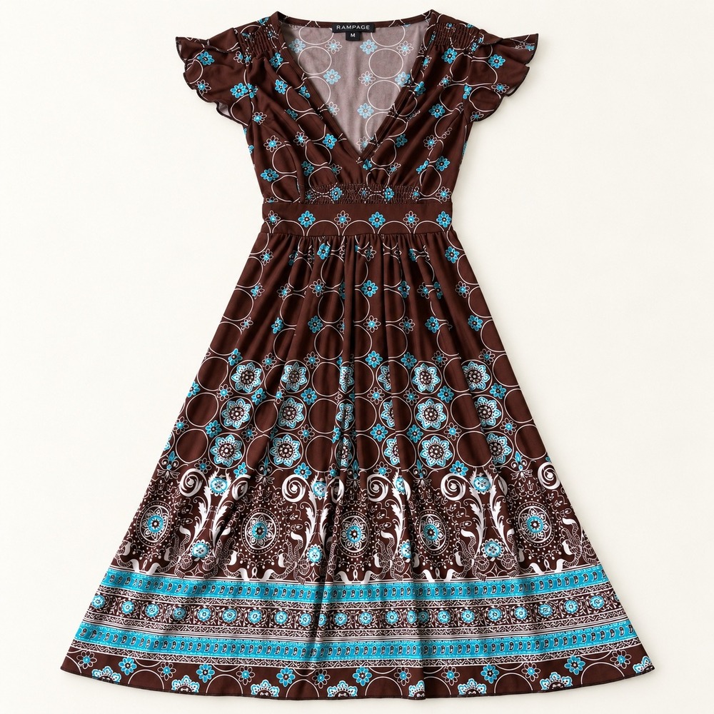 Rampage Brown Floral Midi Dress Turquoise Boho V-Neck Flutter Sleeve Medium Y2K